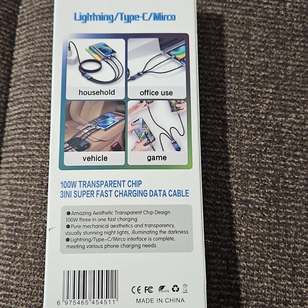 NWT 100W 3-in-1 Super Fast Charging Cable - Black. Type C